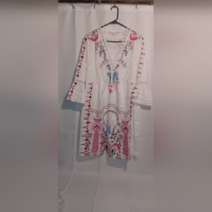 White Embroidered V-Neck Tunic Dress with Pink & Blue Floral Motif